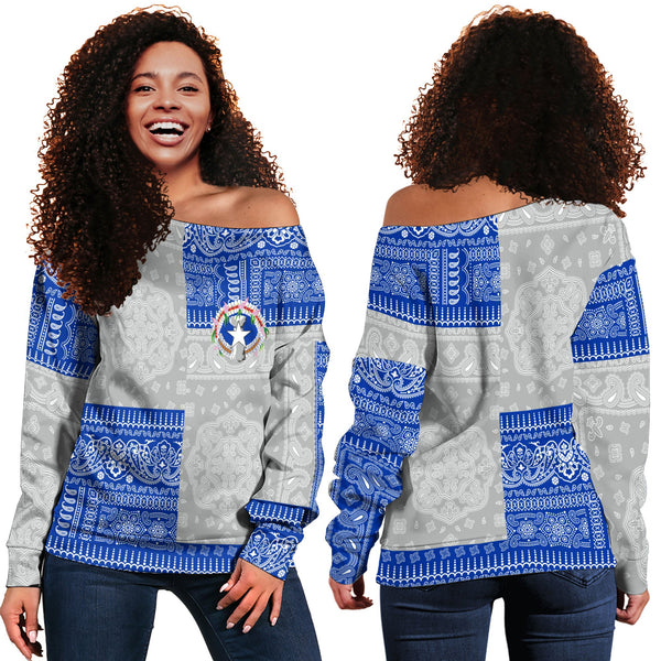 Northern Mariana Islands Women Off Shoulder Sweatshirt Flag And Paisley Basic Style 1