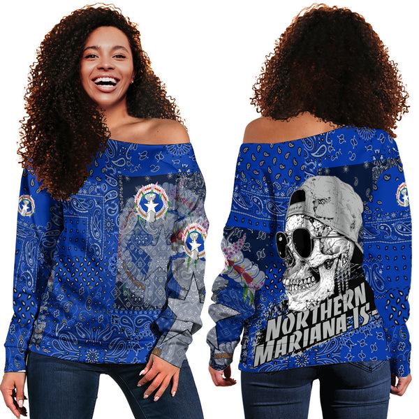 Northern Mariana Islands Women Off Shoulder Sweatshirt Paisley Flag And Skull Style 1