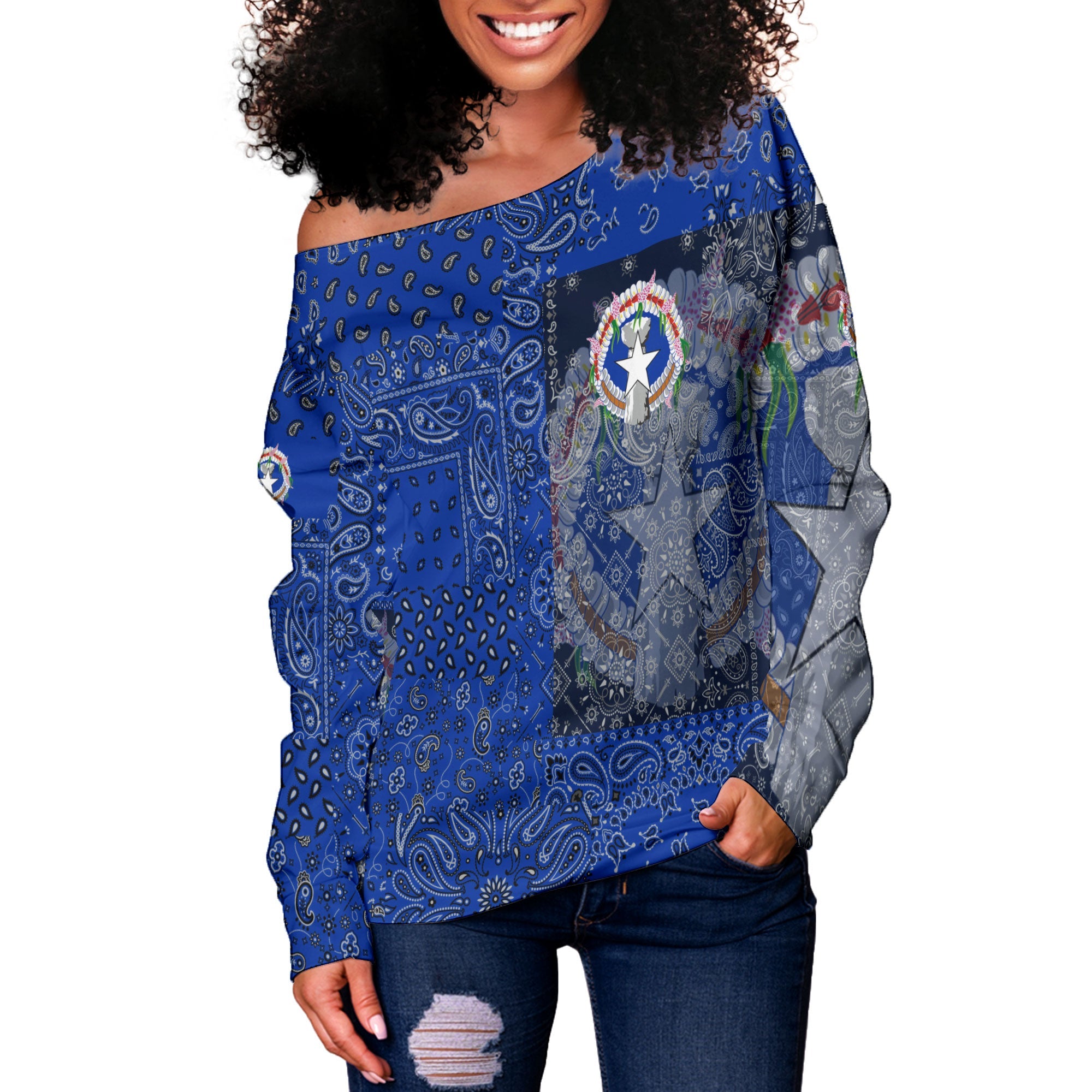 Northern Mariana Islands Women Off Shoulder Sweatshirt Paisley Flag And Skull Style 2