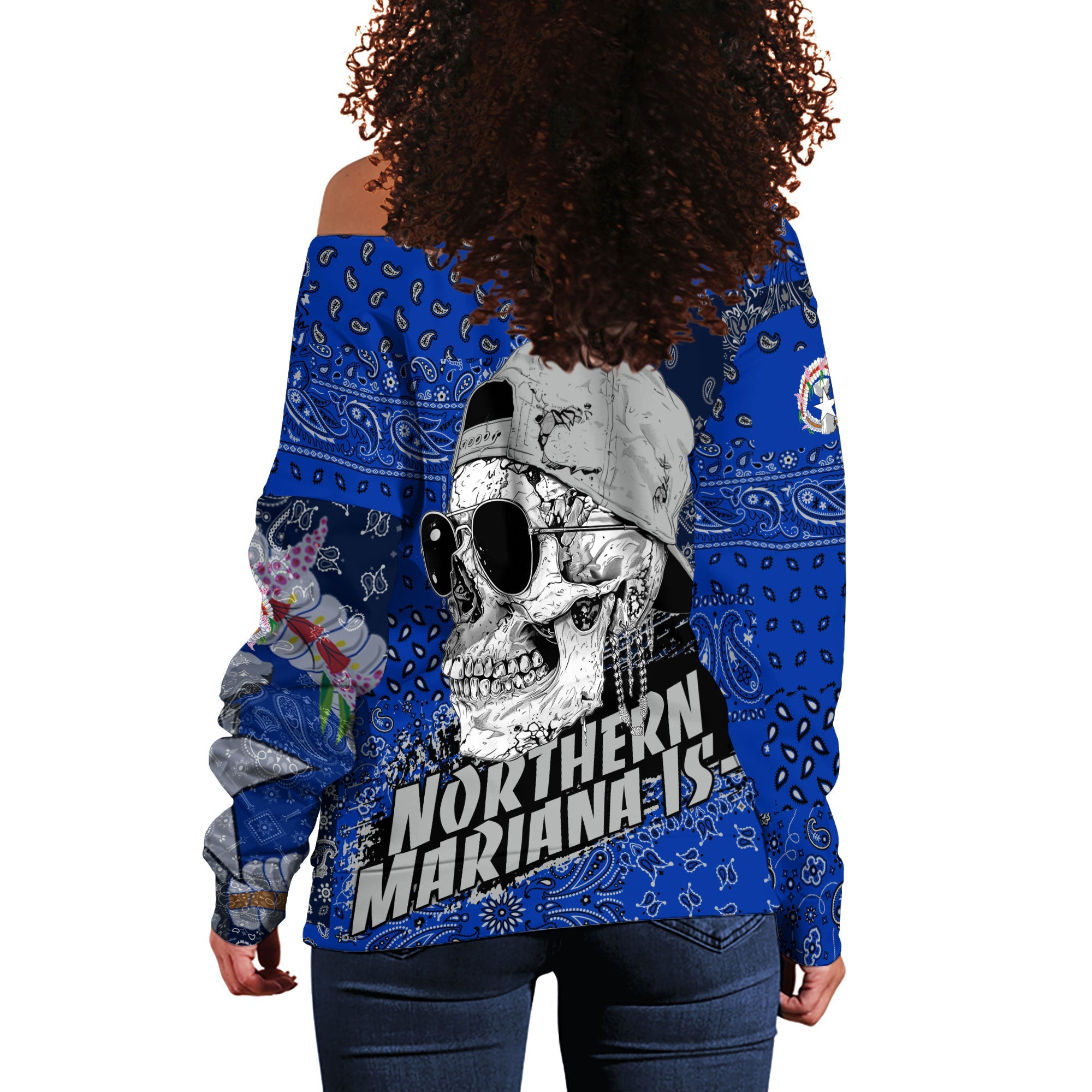 Northern Mariana Islands Women Off Shoulder Sweatshirt Paisley Flag And Skull Style 3