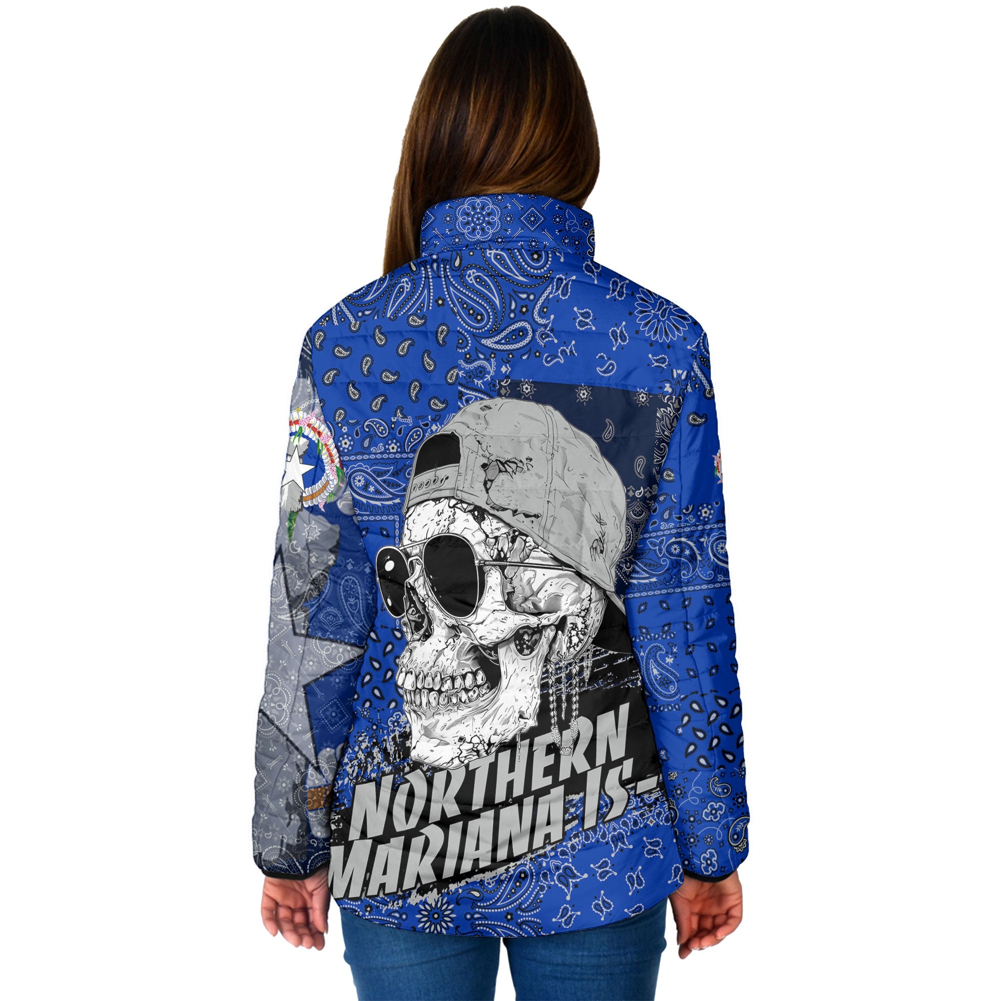 Northern Mariana Islands Women Padded Jacket Paisley Flag And Skull Style 2