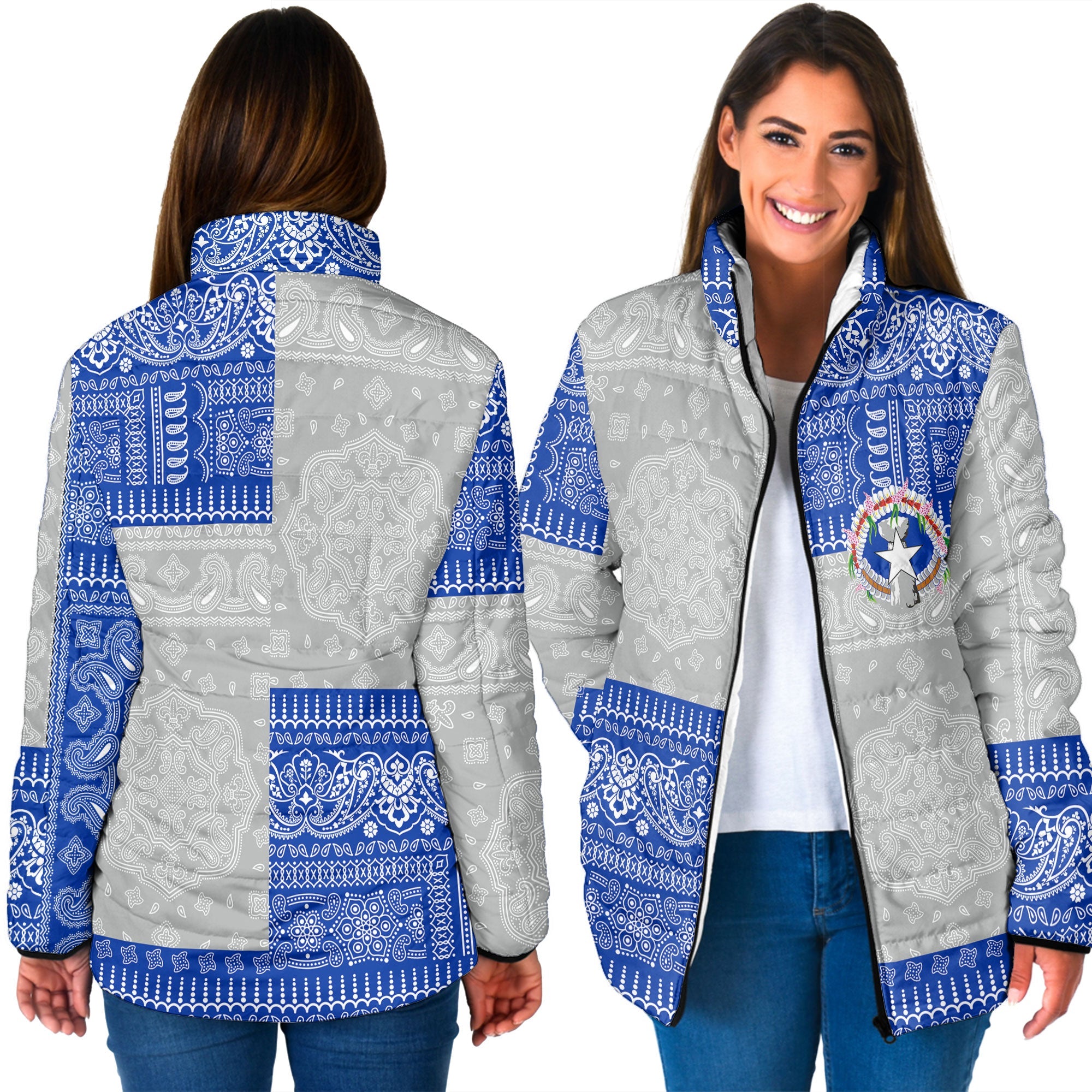 Northern Mariana Islands Women Padded Jacket Flag And Paisley Basic Style 3