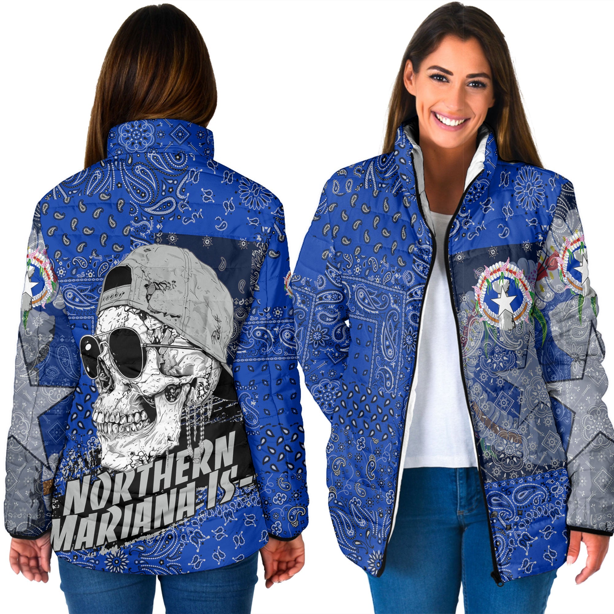 Northern Mariana Islands Women Padded Jacket Paisley Flag And Skull Style 3