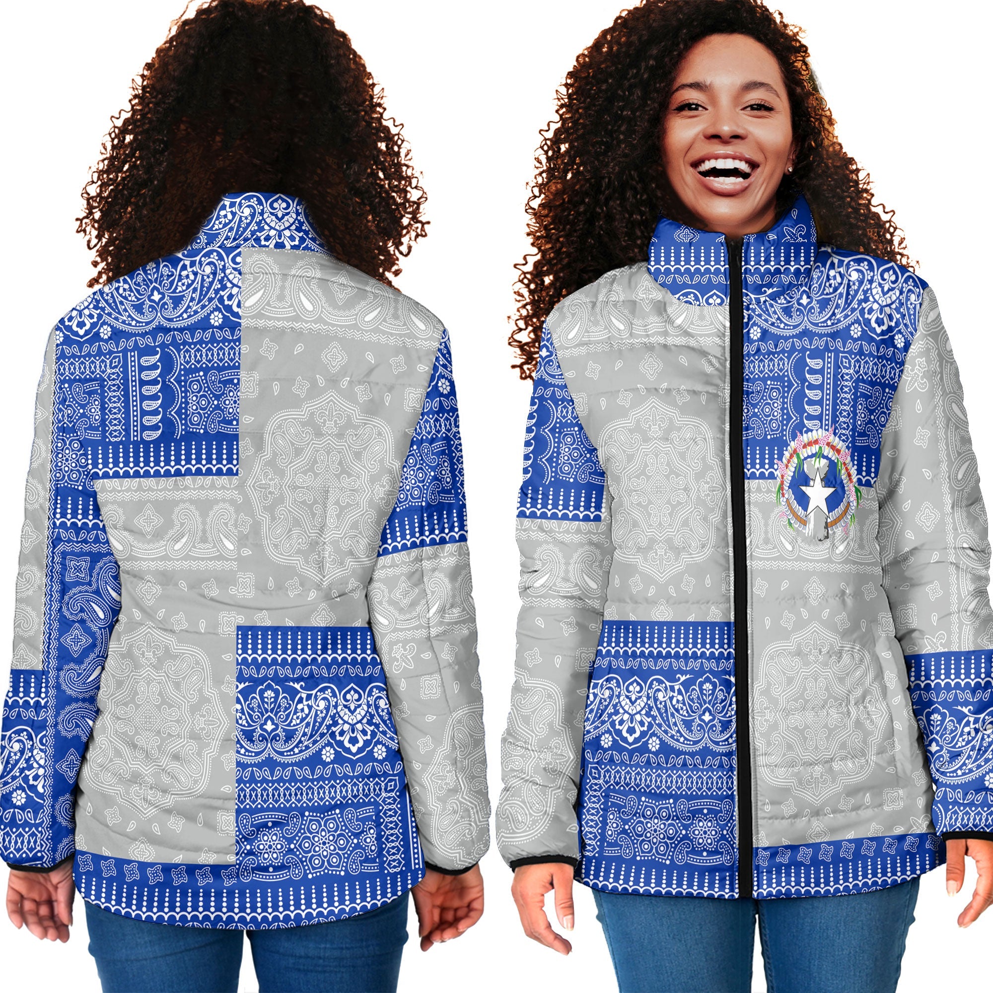 Northern Mariana Islands Women Padded Jacket Flag And Paisley Basic Style 4