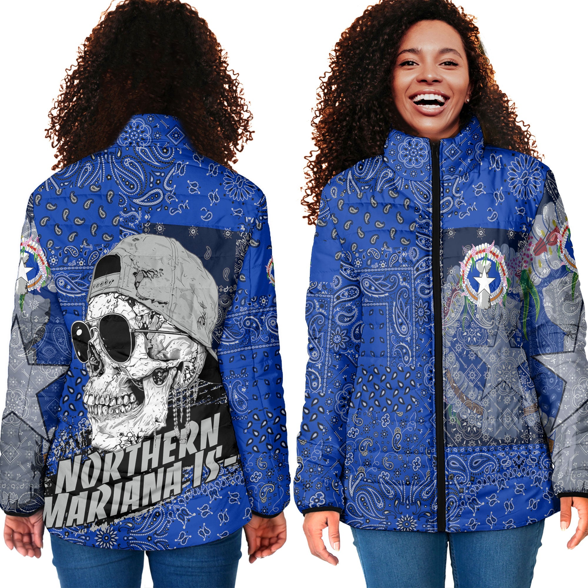 Northern Mariana Islands Women Padded Jacket Paisley Flag And Skull Style 4