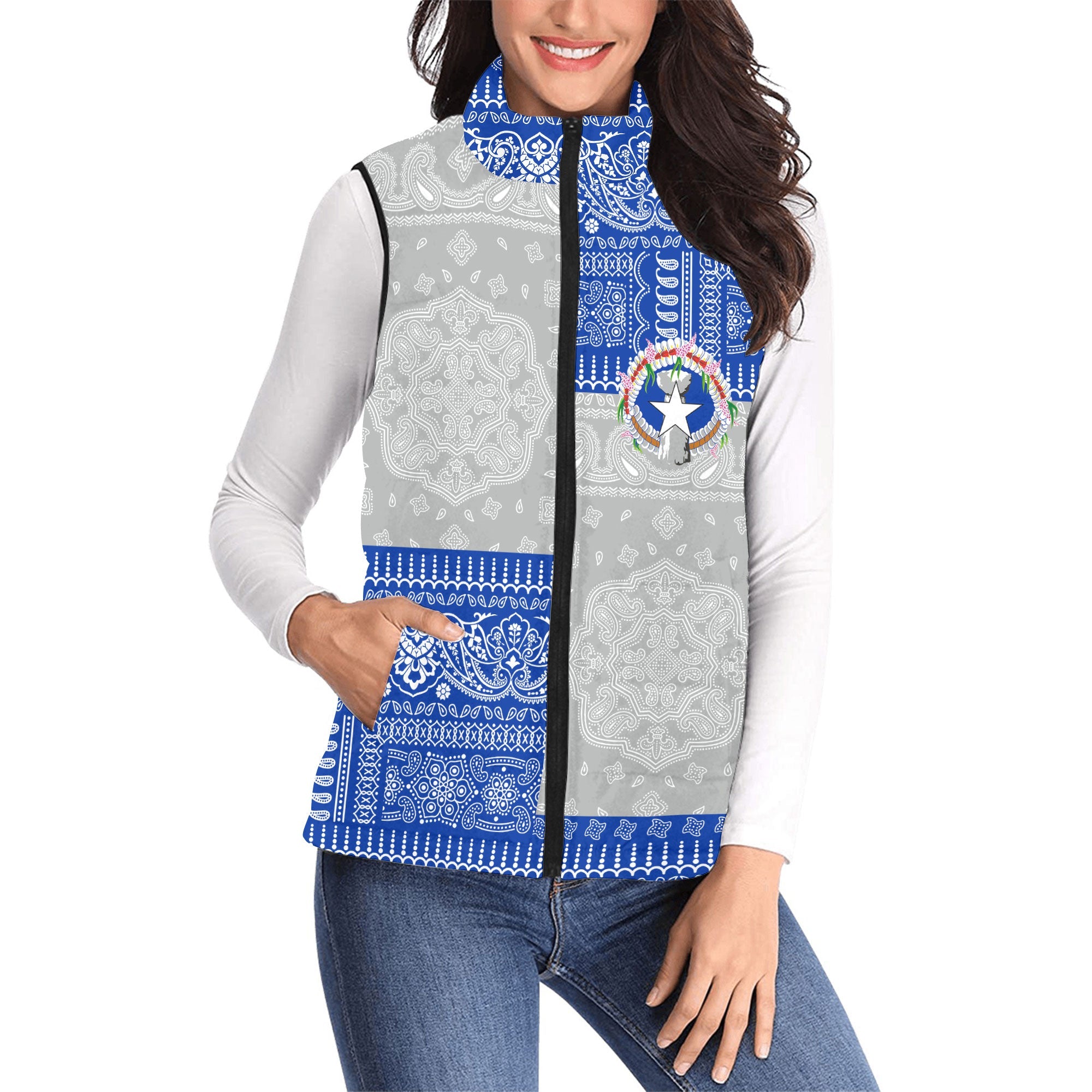 Northern Mariana Islands Women Padded Jacket Vest Flag And Paisley Basic Style 1