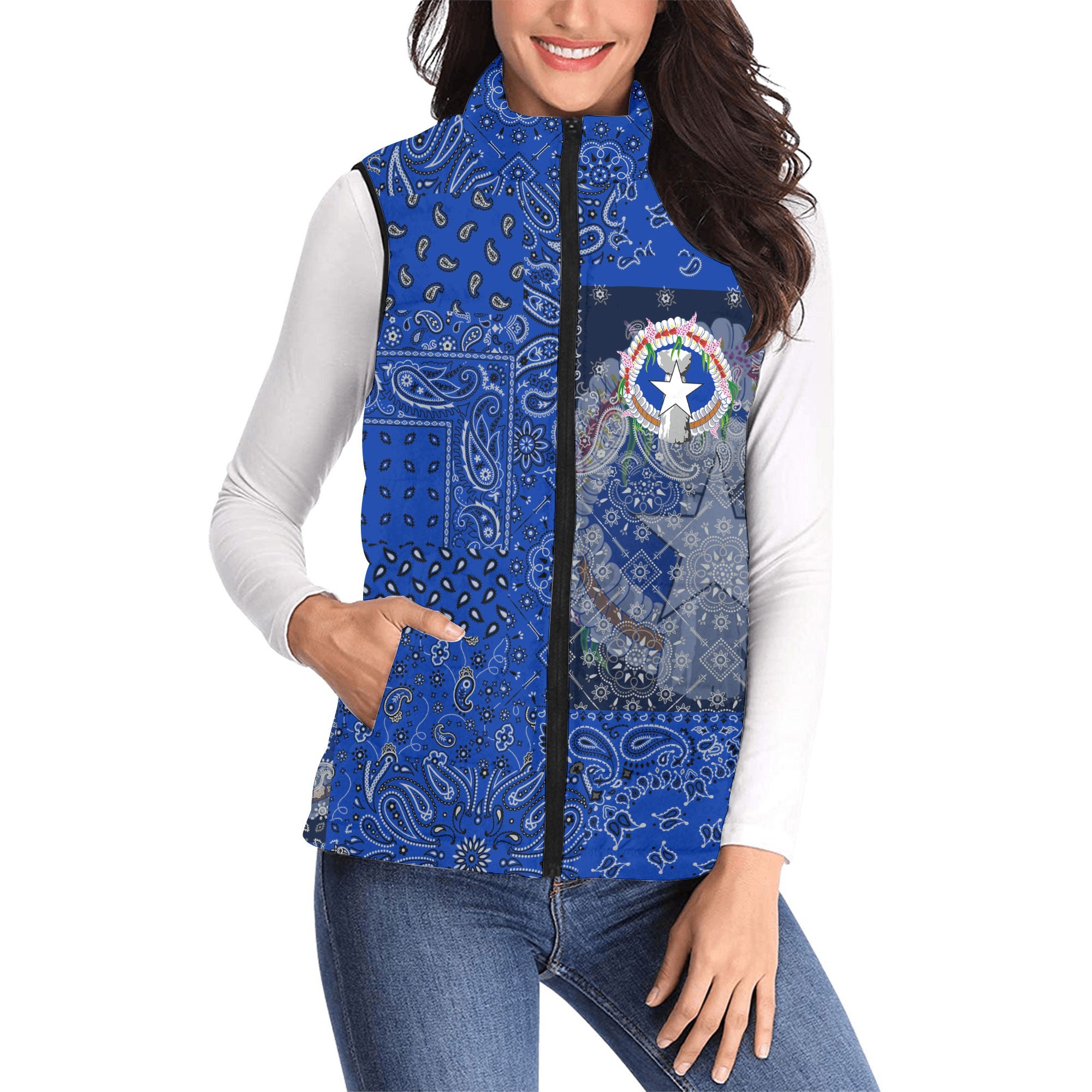 Northern Mariana Islands Women Padded Jacket Vest Paisley Flag And Skull Style 1