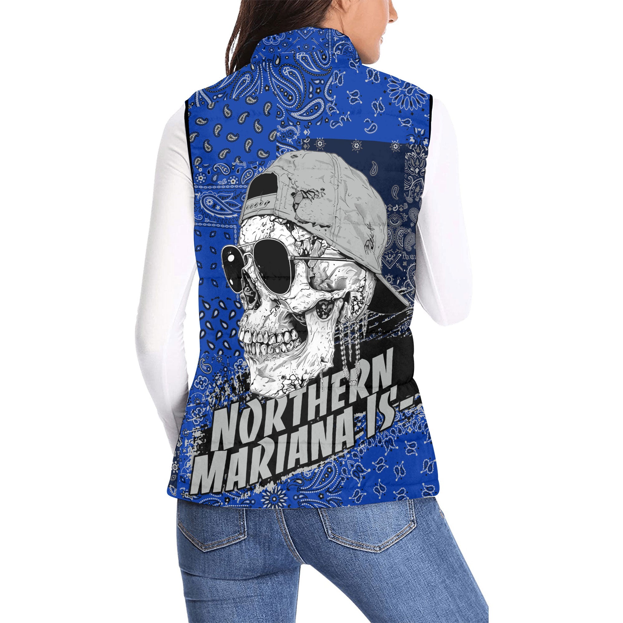 Northern Mariana Islands Women Padded Jacket Vest Paisley Flag And Skull Style 2