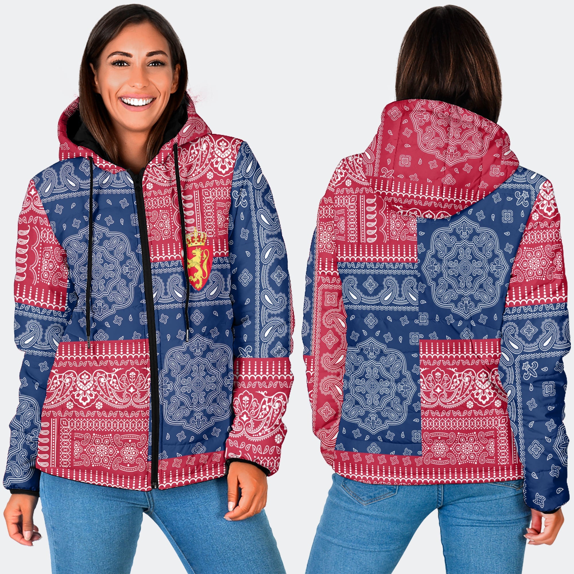 Norway Women Hooded Padded Jacket Flag And Paisley Basic Style 3