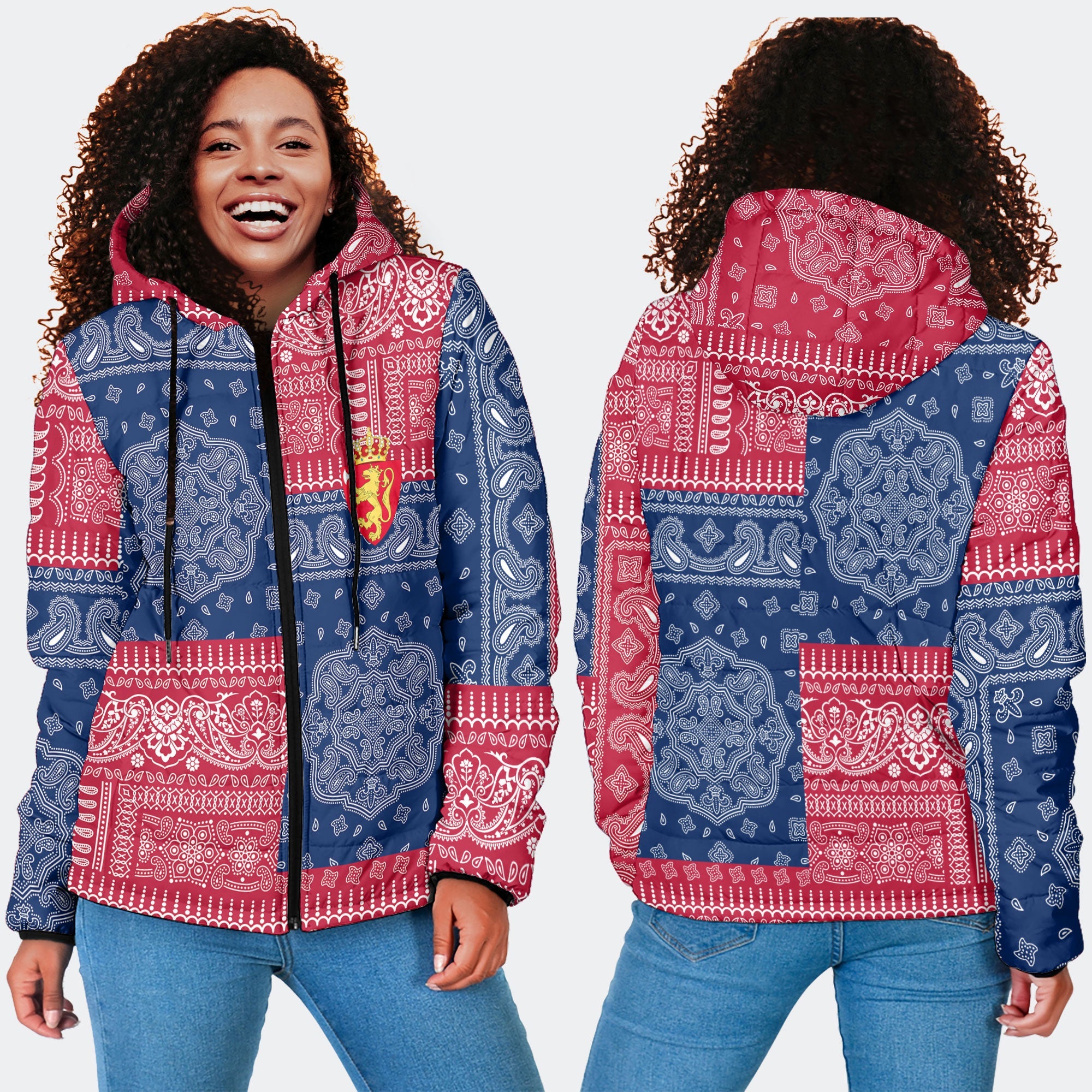 Norway Women Hooded Padded Jacket Flag And Paisley Basic Style 4