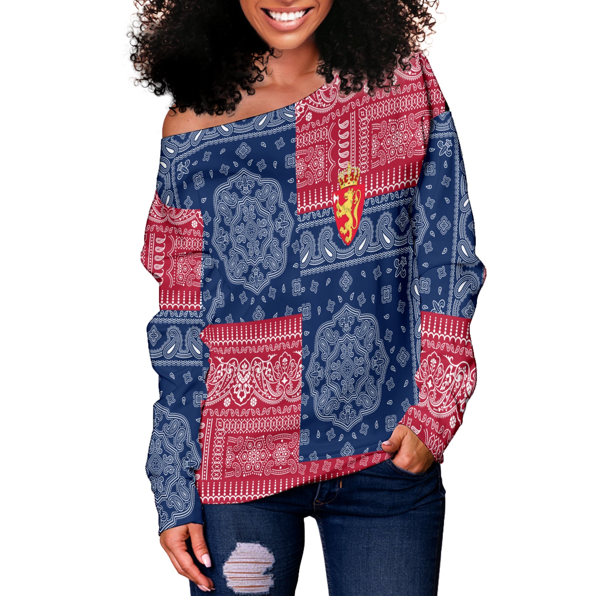 Norway Women Off Shoulder Sweatshirt Flag And Paisley Basic Style 2