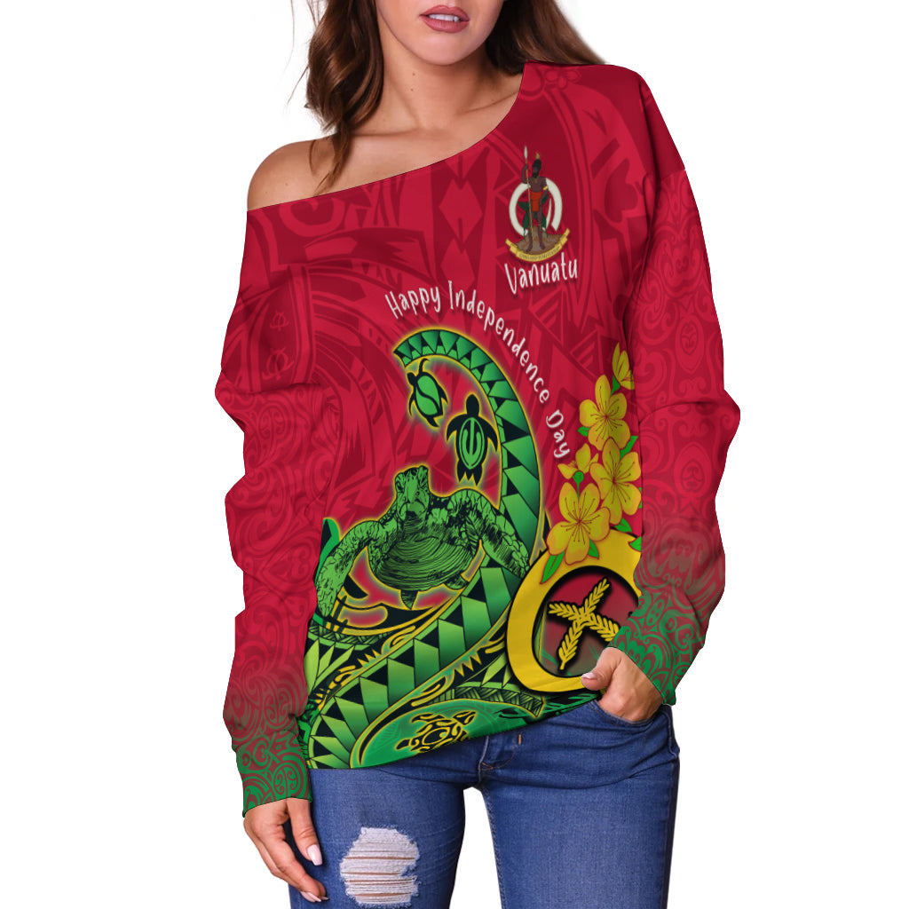 Custom Vanuatu Off Shoulder Sweatshirt Polynesian Happy Independence Day Fresh Life Turtle Wave - LH1