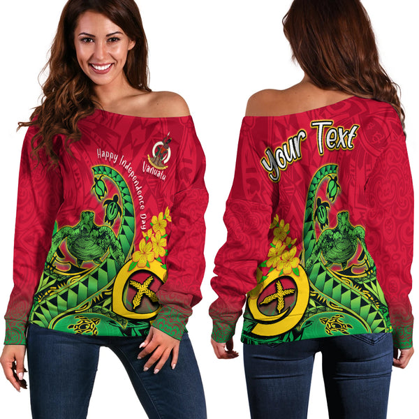 Custom Vanuatu Off Shoulder Sweatshirt Polynesian Happy Independence Day Fresh Life Turtle Wave - LH1