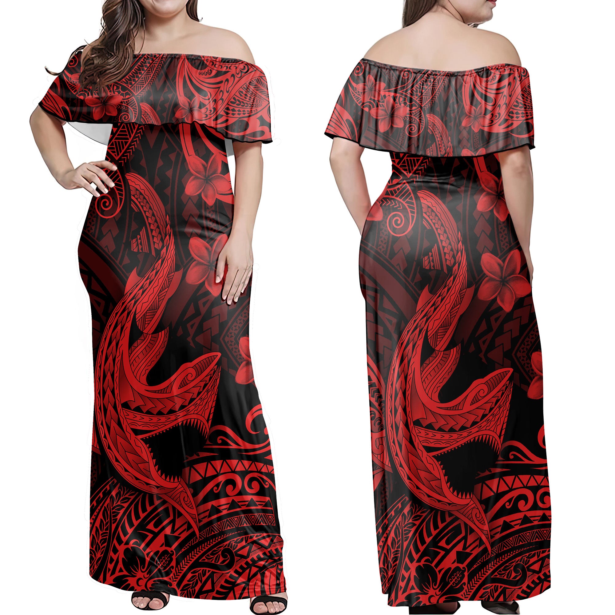 Hawaii Matching Outfits For Couples Polynesian Shark Red & Black Style - TT01