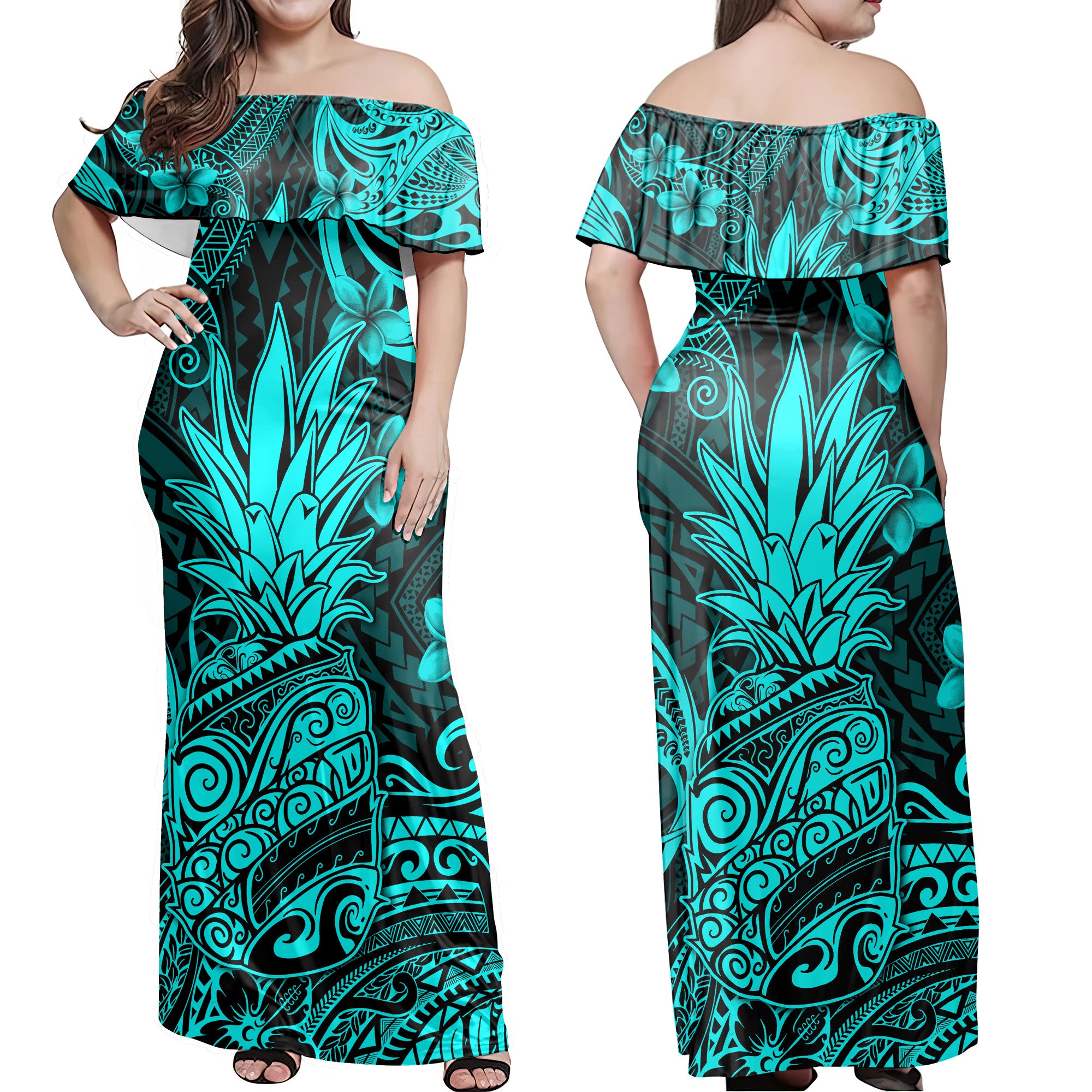 Hawaii Matching Outfits For Couples Polynesian Pineapple Turquoise Style - TT01