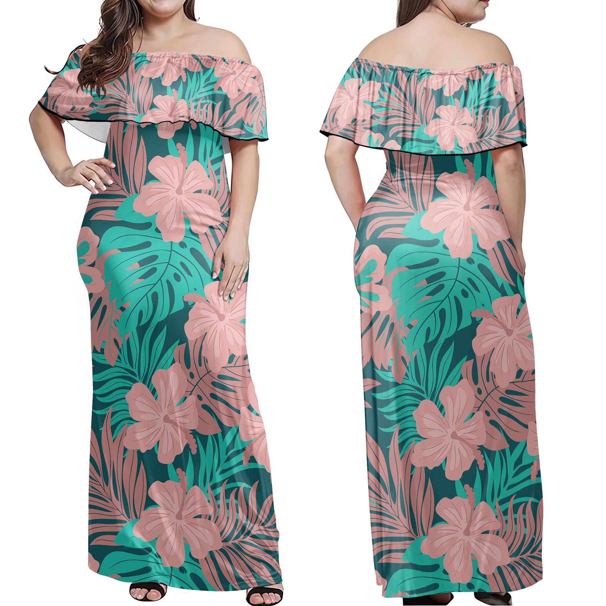 Hawaii Matching Outfits For Couples Polynesian Hibiscus Flower & Monstera Style - TT01