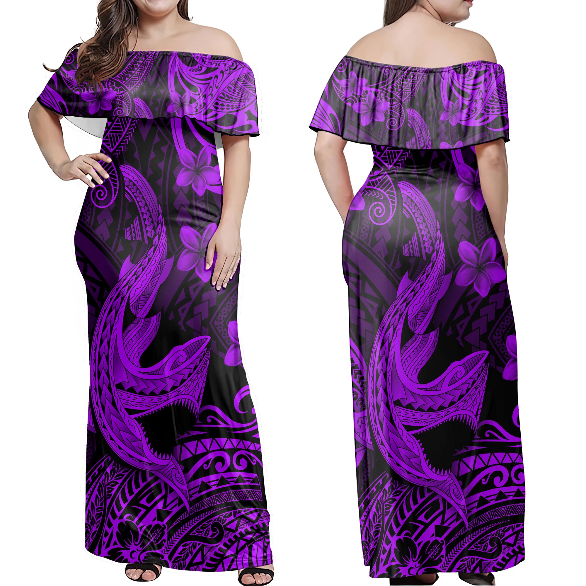 Hawaii Matching Outfits For Couples Polynesian Shark Purple & Black Style - TT01