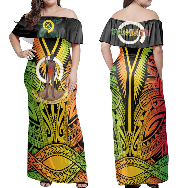 Vanuatu Off Shoulder Long Dress Coat Of Arms Reggae Style