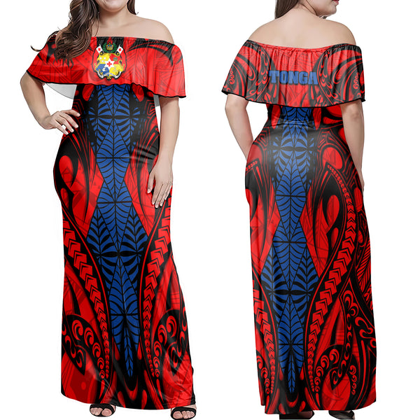 Tonga Coat Of Arms Off Shoulder Long Dress Red&Blue Style