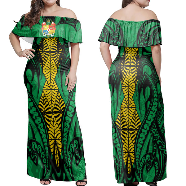 Tonga Coat Of Arms Off Shoulder Long Dress Green&Yellow Style