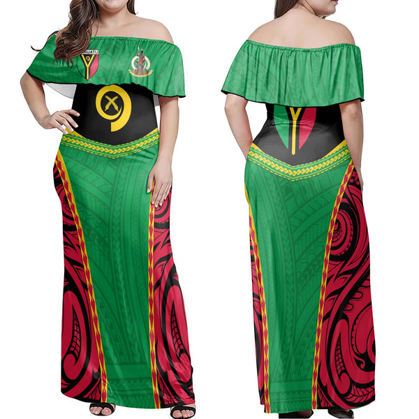 Vanuatu Flag & Coat Of Arms Off Shoulder Long Dress Black Style