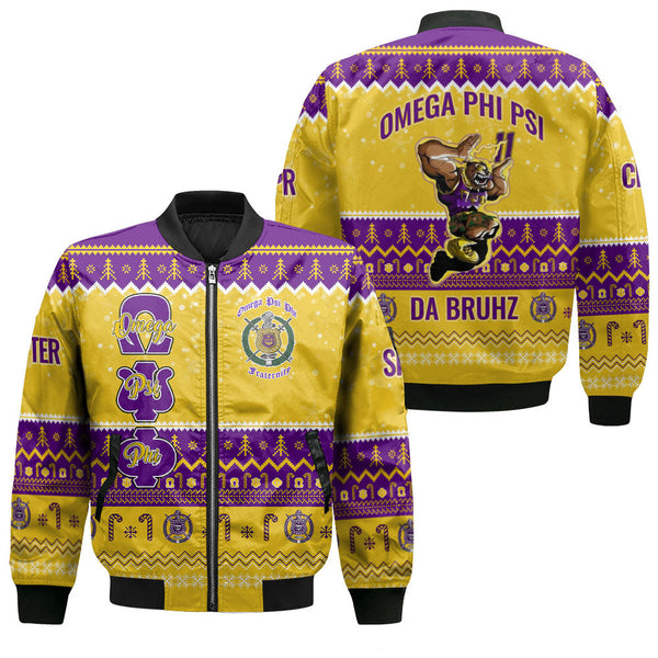 Personalized Omega Psi Phi Christmas Gold Purple Bomber Jackets Military Que Bulldog Style