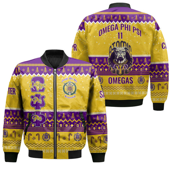 Personalized Omega Psi Phi Christmas Gold Purple Bomber Jackets Omega Atomic Bulldog Style