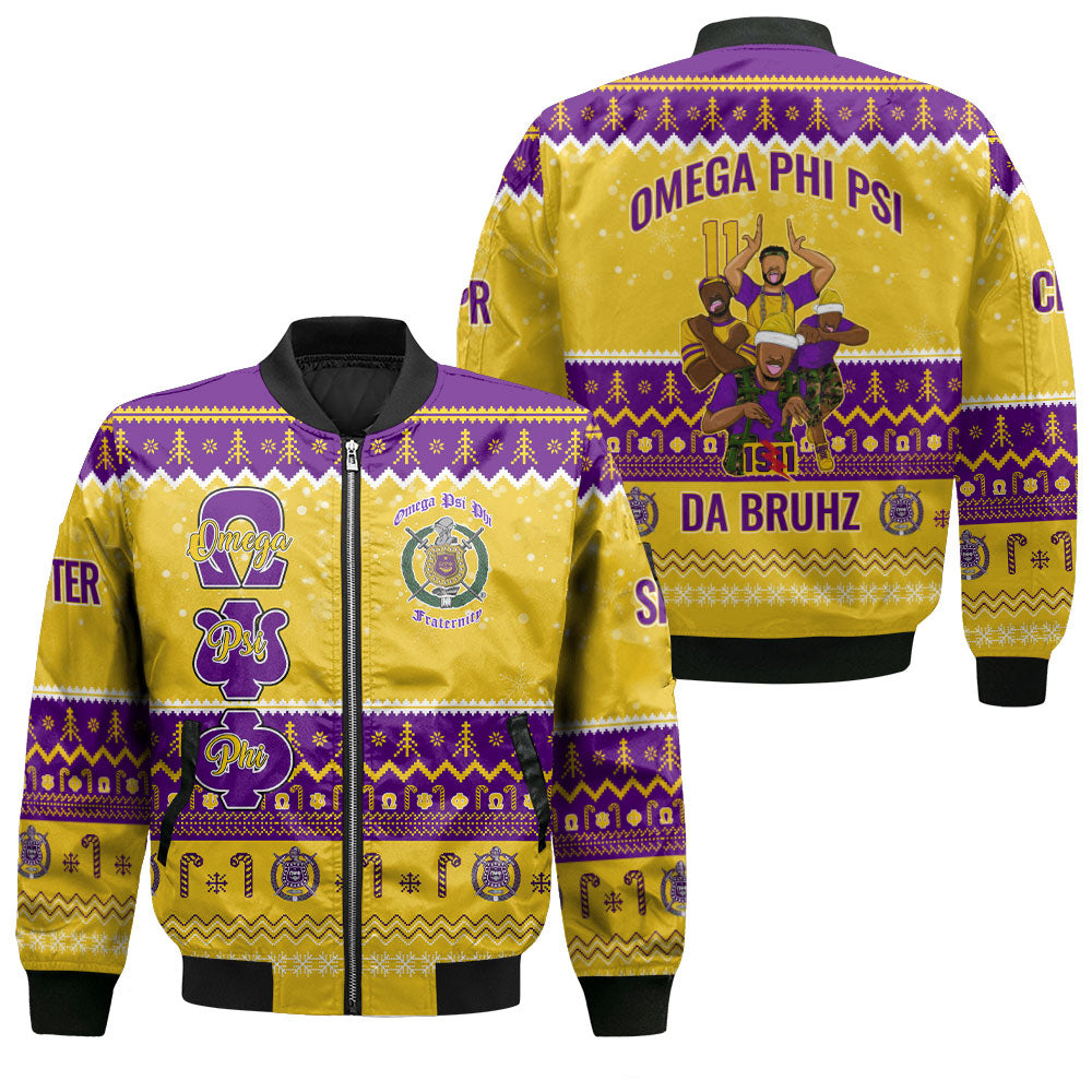 Personalized Omega Psi Phi Christmas Gold Purple Bomber Jackets Omega Men Style