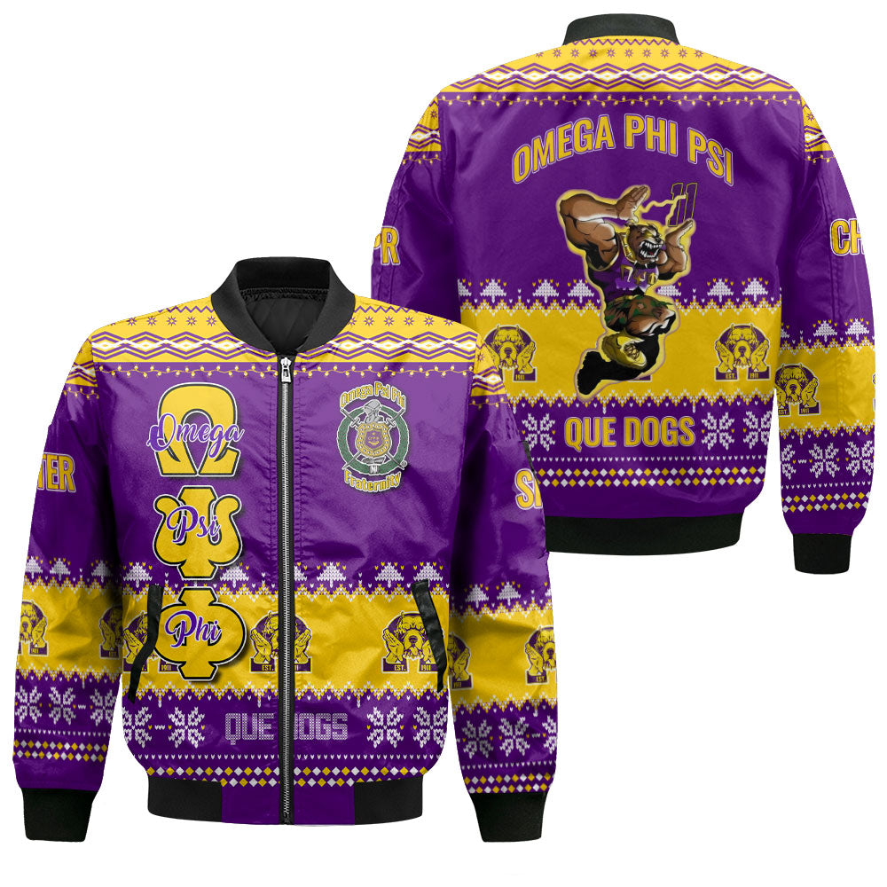 Personalized Omega Psi Phi Christmas Purple Gold Bomber Jackets Military Que Bulldog Style