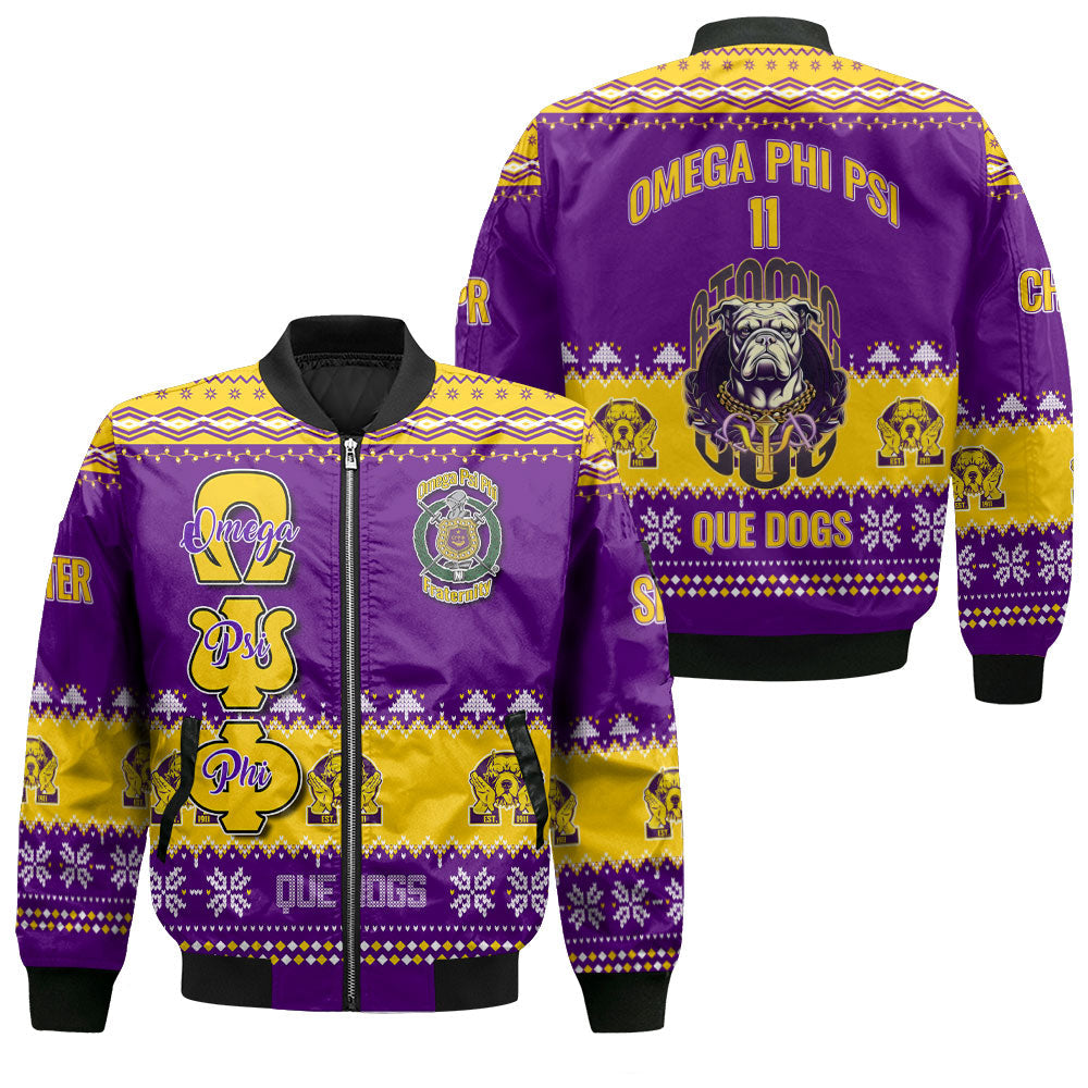 Personalized Omega Psi Phi Christmas Purple Gold Bomber Jackets Omega Atomic Bulldog Style