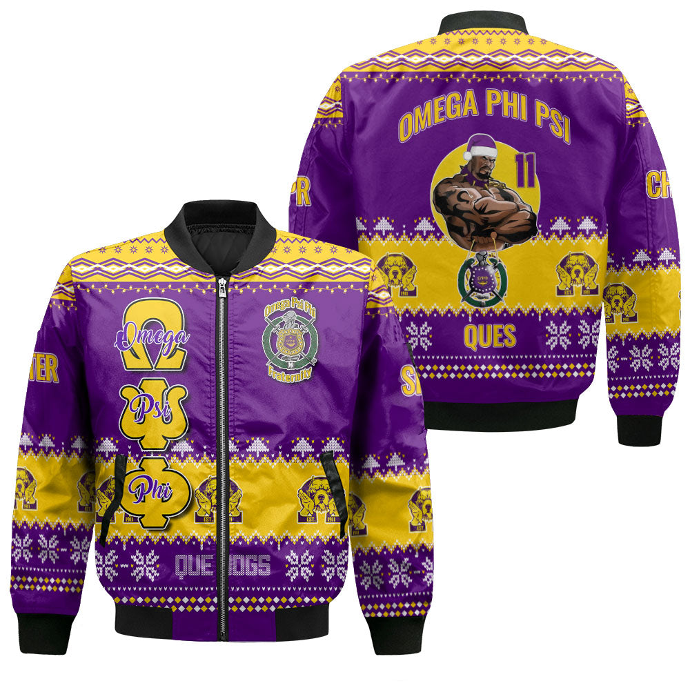 Personalized Omega Psi Phi Christmas Purple Gold Bomber Jackets The Strong Omega Muscle Style