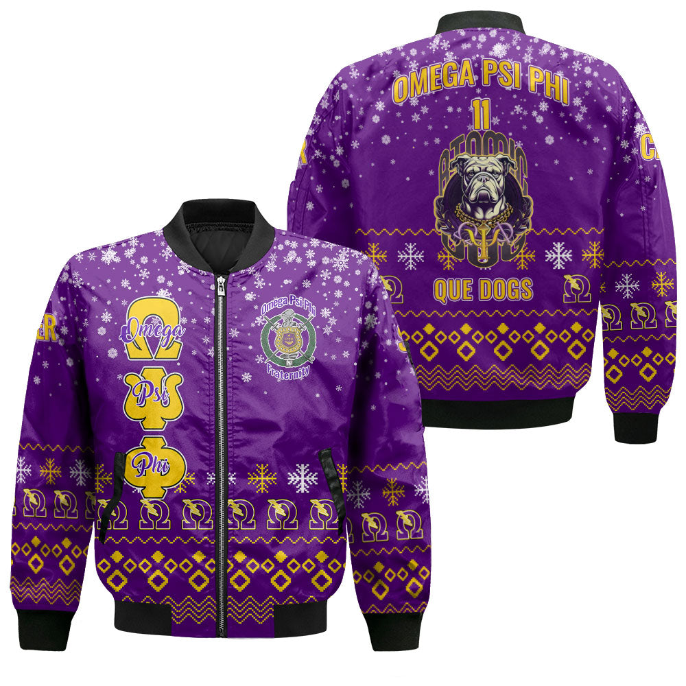 Personalized Omega Psi Phi Christmas Royal Purple Bomber Jackets Omega Atomic Bulldog Style