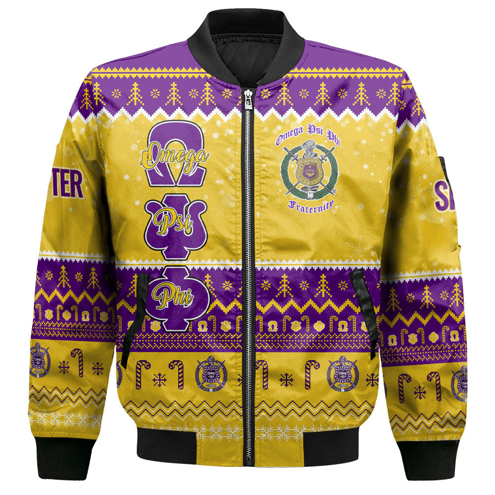 Personalized Omega Psi Phi Christmas Gold Purple Bomber Jackets Military Que Bulldog Style