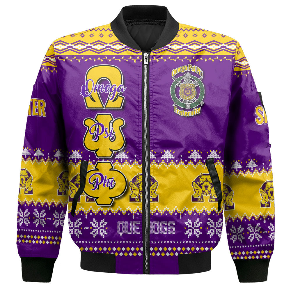 Personalized Omega Psi Phi Christmas Purple Gold Bomber Jackets Military Que Bulldog Style