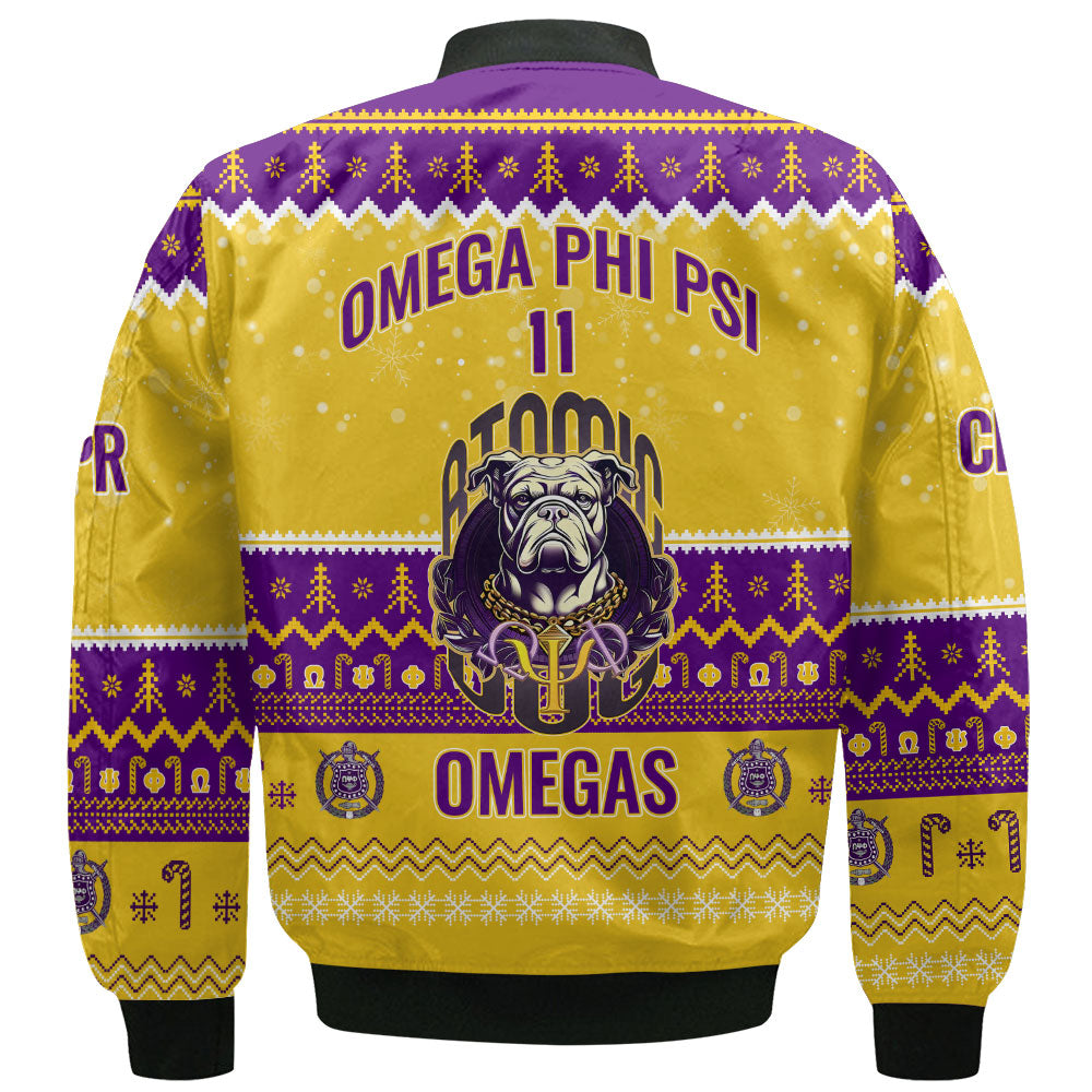 Personalized Omega Psi Phi Christmas Gold Purple Bomber Jackets Omega Atomic Bulldog Style