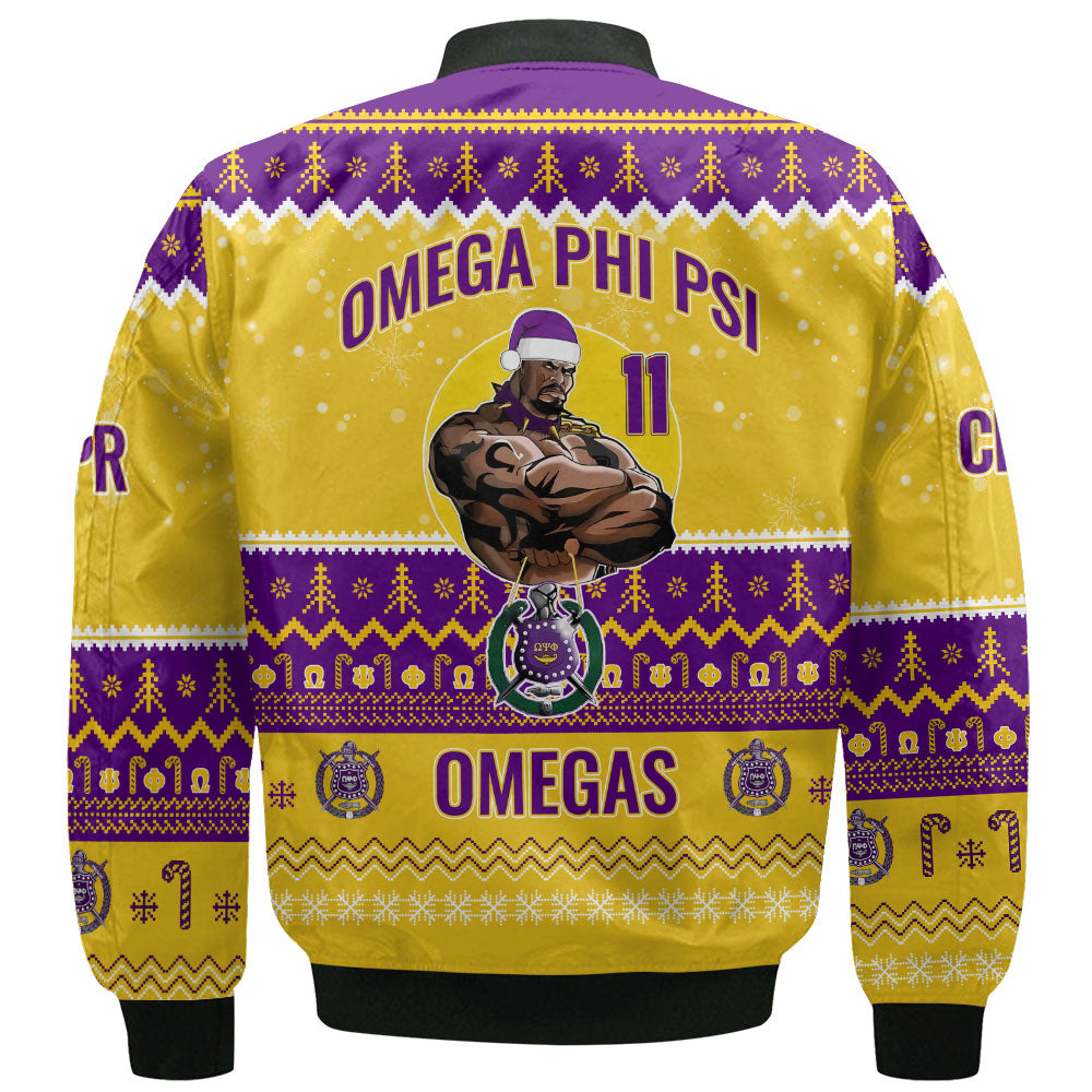 Personalized Omega Psi Phi Christmas Gold Purple Bomber Jackets The Strong Omega Muscle Style