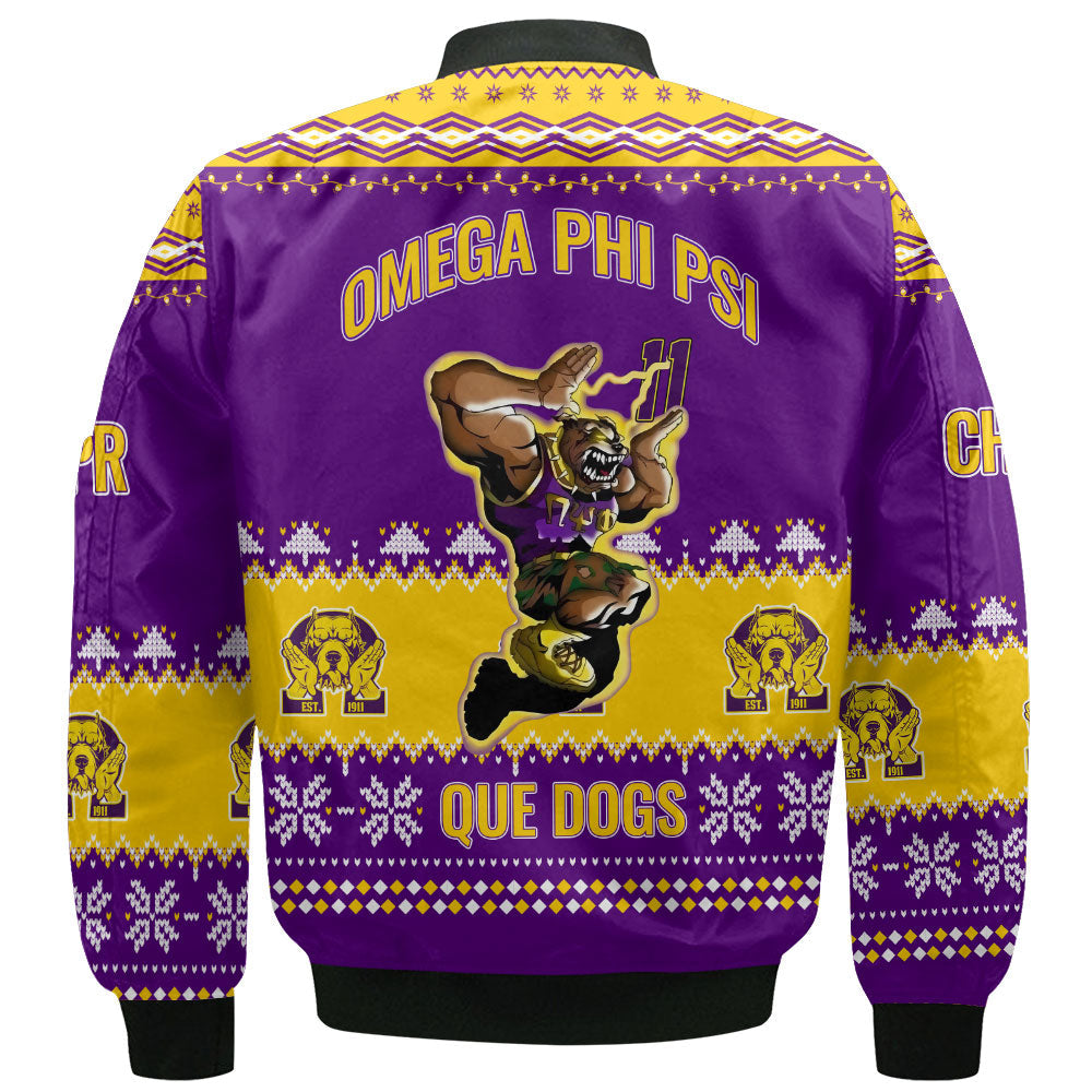 Personalized Omega Psi Phi Christmas Purple Gold Bomber Jackets Military Que Bulldog Style