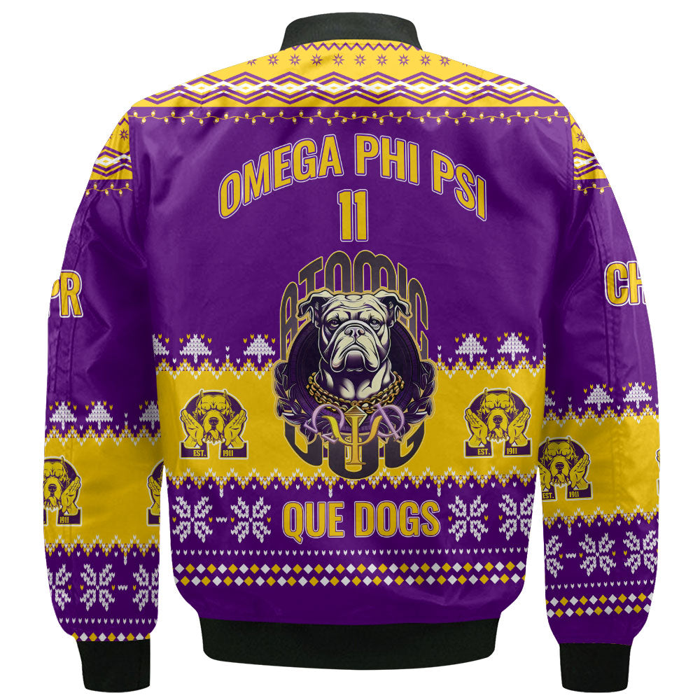 Personalized Omega Psi Phi Christmas Purple Gold Bomber Jackets Omega Atomic Bulldog Style