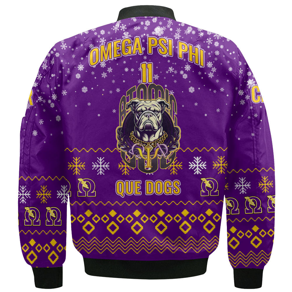 Personalized Omega Psi Phi Christmas Royal Purple Bomber Jackets Omega Atomic Bulldog Style