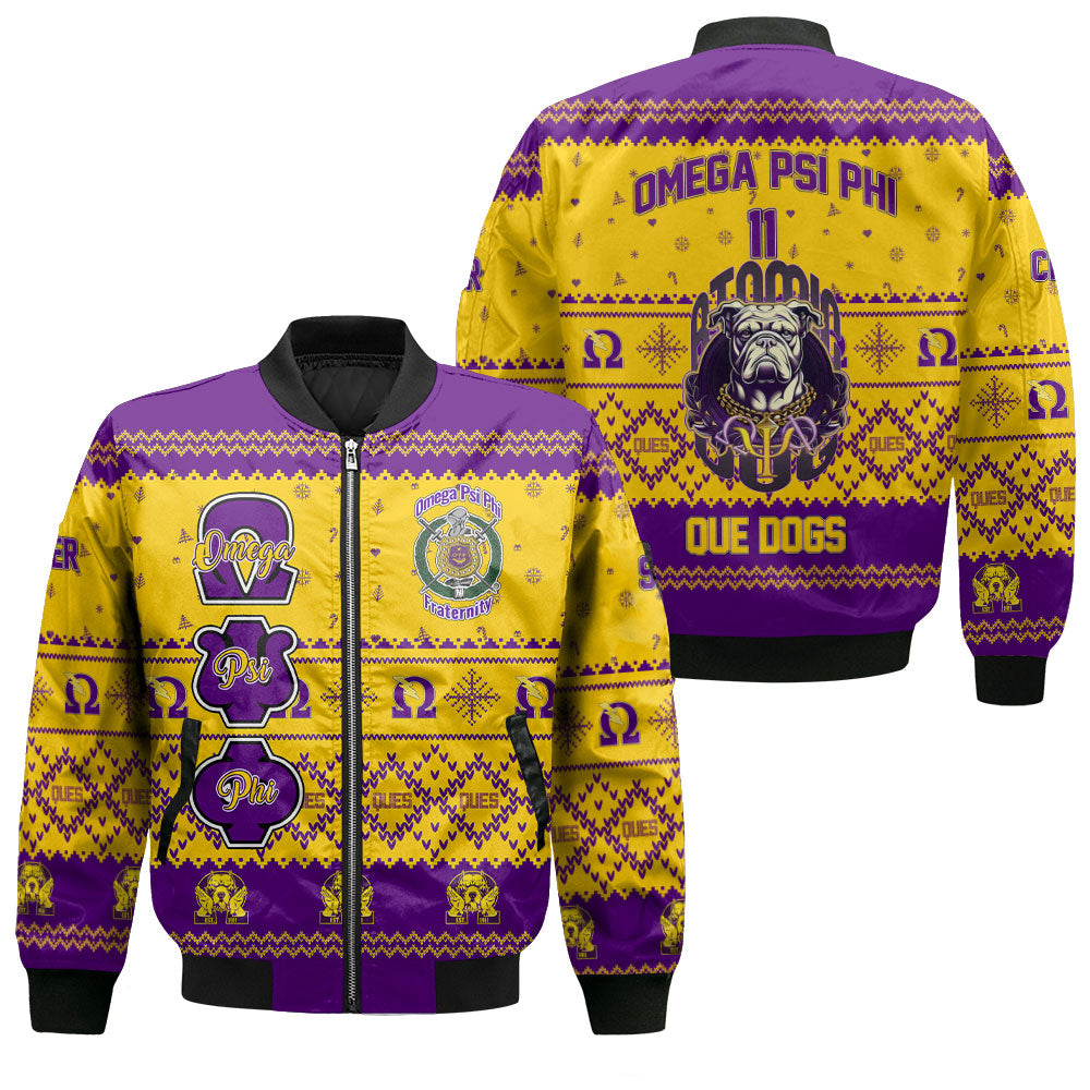 Personalized Omega Psi Phi ChristmasGolden Bomber Jackets Omega Atomic Bulldog Style