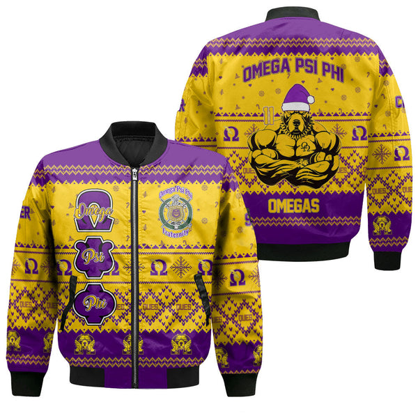 Personalized Omega Psi Phi ChristmasGolden Bomber Jackets Strong Omega Bulldog Style