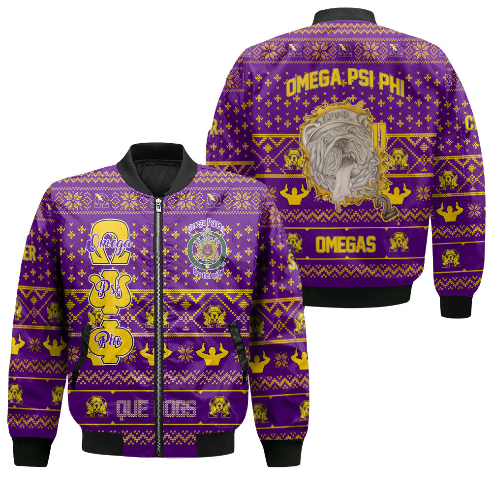 Personalized Omega Psi Phi Christmas Purple Bomber Jackets 1911 Que Dogs Style