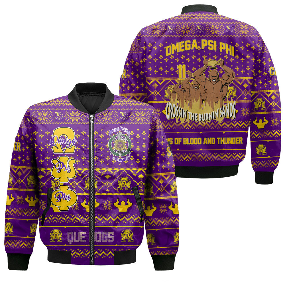 Personalized Omega Psi Phi Christmas Purple Bomber Jackets Crossin The Burnin Sand Omega Style