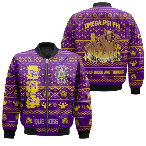 Personalized Omega Psi Phi Christmas Purple Bomber Jackets Crossin The Burnin Sand Omega Style