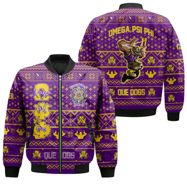 Personalized Omega Psi Phi Christmas Purple Bomber Jackets Military Que Bulldog Style