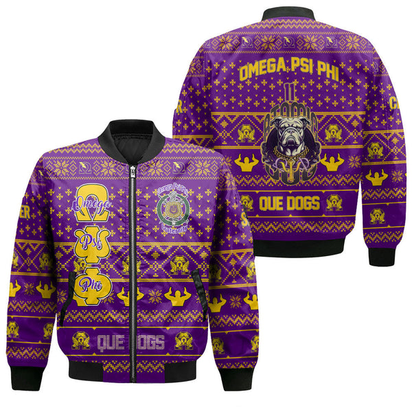 Personalized Omega Psi Phi Christmas Purple Bomber Jackets Omega Atomic Bulldog Style