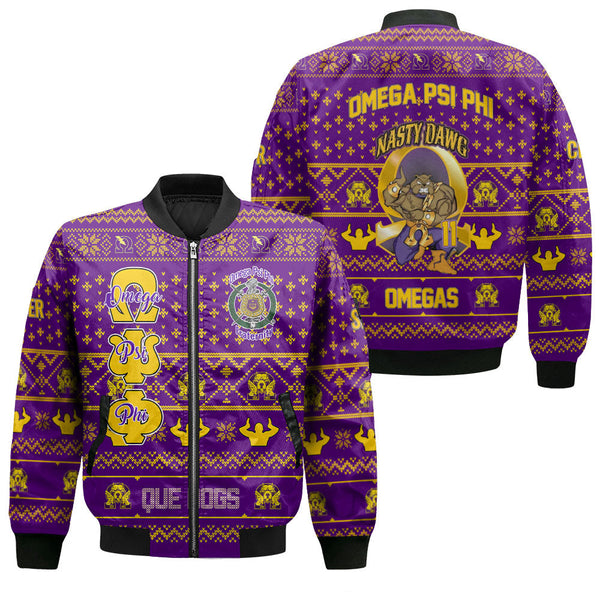 Personalized Omega Psi Phi Christmas Purple Bomber Jackets Omega Bulldog Nasty Dawg Style