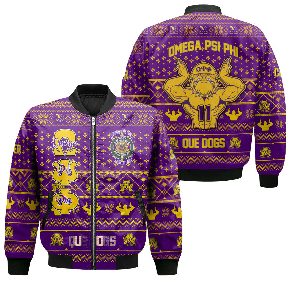 Personalized Omega Psi Phi Christmas Purple Bomber Jackets Omega Bulldog Style