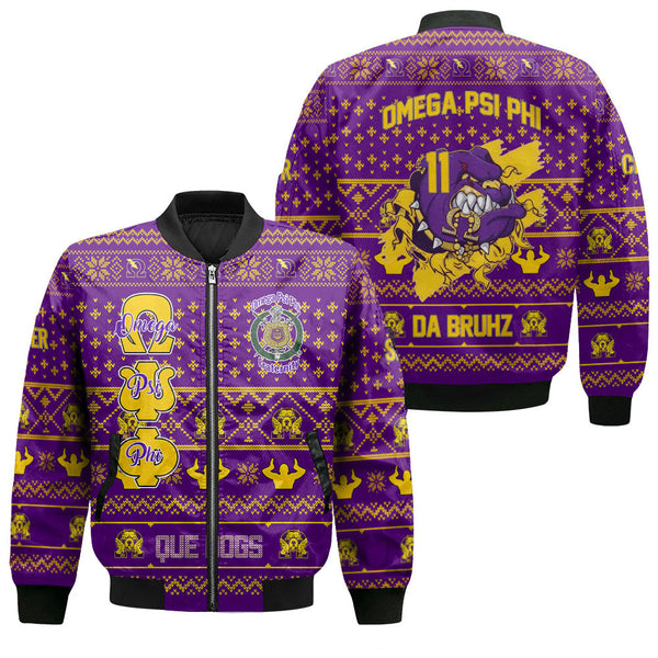 Personalized Omega Psi Phi Christmas Purple Bomber Jackets Omega Bulldog Ver 2 Style