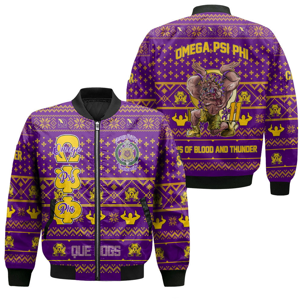 Personalized Omega Psi Phi Christmas Purple Bomber Jackets Omega Handsign Bulldog Style